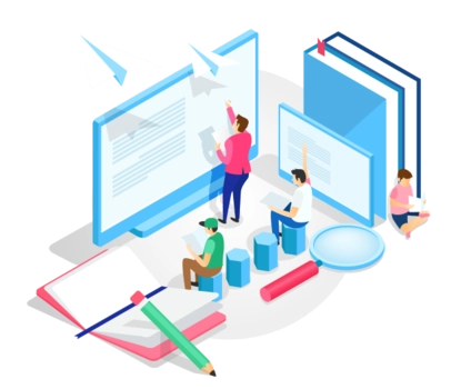 Teacher is at a large screen, three students attending, only two are listening, one is reading